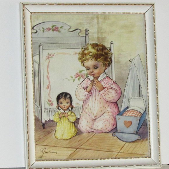 Vintage Framed Print LITTLE GIRL PRAYING Giuliana Art Bonella Milano Italy Retro - Picture 1 of 11